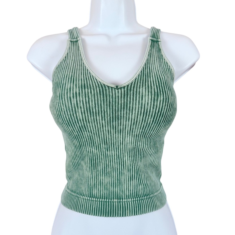 Zenana‎ Ribbed Tank Top Womens Green L/XL Mineral Wash V Neck